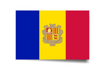 Andorra flag - rectangle card with dropped shadow isolated on white background.