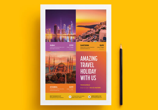 Travel Flyer Agency Layout with Orange and Purple Accents