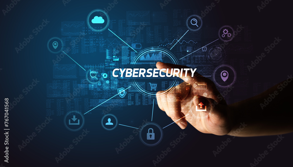 Poster Hand touching cybersecurity button