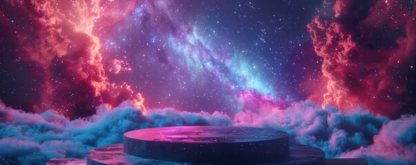 a round podium on the floor of an empty room, cosmic background with galaxies and nebulae, purple blue pink colors, futuristic scene