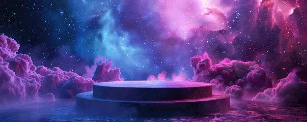 Poster a round podium on the floor of an empty room, cosmic background with galaxies and nebulae, purple blue pink colors, futuristic scene © trustmastertx