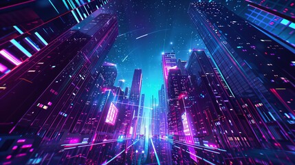 Bottom-up view of a futuristic neon cityscape at night, characterized by retro wave and cyberpunk elements, with bright neon purple and blue lights illuminating the dark background.