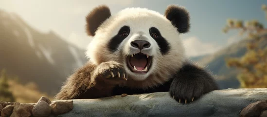  A panda bear, a carnivorous terrestrial animal, is sitting on a rock with its mouth open. Its distinctive black and white fur, snout, and eyecatching wildlife appeal make it easily recognizable © AkuAku