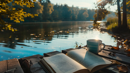 An open book and a coffee cup are placed on a wooden table next to a beautiful river view in dusk time as a background with a relaxed ambience. Background for relaxation, vacation and rest time. - obrazy, fototapety, plakaty