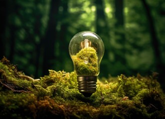 Light bulb terrarium with vibrant green moss, sustainable energy concept in nature