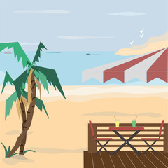 summer composition in the form of a logo with palm trees, sea and beach with space for text
