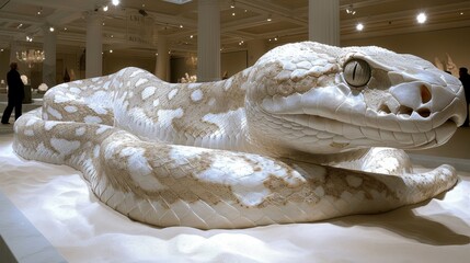   White snake statue atop white fabric in crowded chamber