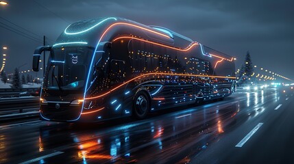 A big, roomy intercity bus passes by on the highway. Generative Ai - obrazy, fototapety, plakaty