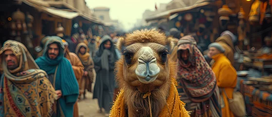  a camel that is standing in a crowded street © Masum