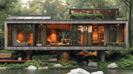   A house perched atop a verdant hill overlooking a tranquil body of water and nestled amidst a lush forest
