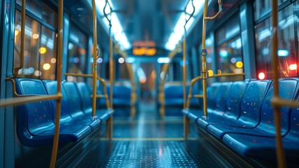 Public transport interior with red seating offering a glimpse into urban commute