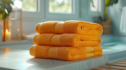 Brightly colored towels in bathroom with natural elements for home comfort - obrazy, fototapety, plakaty
