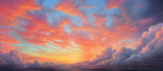 Foto op Aluminium A natural landscape painting capturing the afterglow of a sunset over a body of water, with orange and red sky at evening and cumulus clouds in the sky © AkuAku