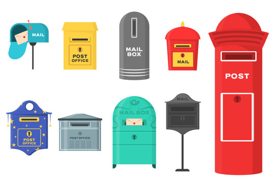 Set of isolated retro mailbox or vintage post box. Letter boxes for communication, traditional english mailing service. Europe correspondence service for postage. Old email symbol for contact address