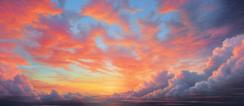 A natural landscape painting capturing the afterglow of a sunset over a body of water, with orange and red sky at evening and cumulus clouds in the sky