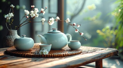   Tea set sits on wooden table, adjacent to vase with white flowers