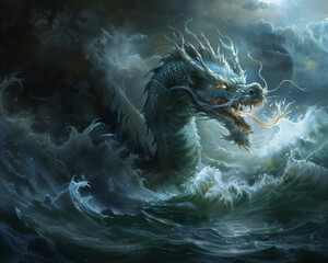sea serpent among stormy waves - obrazy, fototapety, plakaty