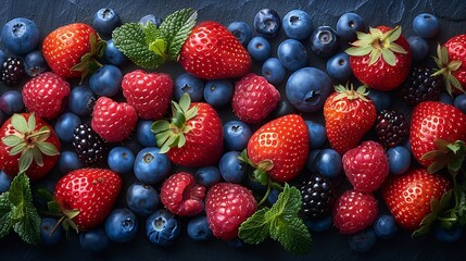 A cluster of strawberries and berries arranged in a design. Generative Ai