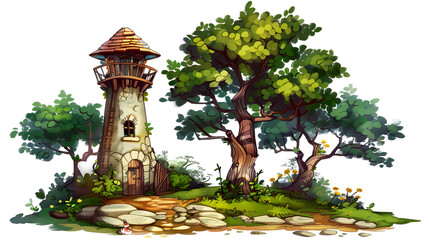 A small medieval watchtower surrounded by trees, clipart, fantasy, for scrapbooking, video games