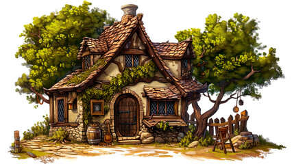 Naklejka premium A small medieval tavern surrounded by trees, clipart, fantasy, for scrapbooking, video games