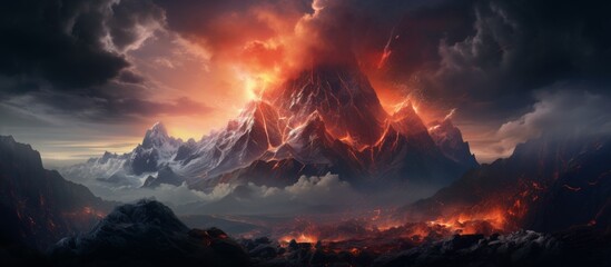 A geological phenomenon is occurring as a volcano erupts in the mountains, with a cumulus cloudfilled sky in the background, heating up the atmosphere - obrazy, fototapety, plakaty