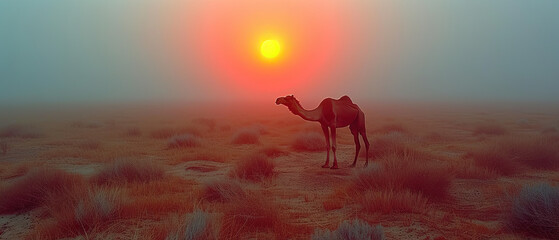 a in the desert with a sun setting in the background - obrazy, fototapety, plakaty