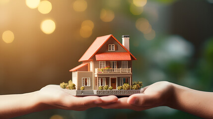 A hand holding a small house with a tree in the background
