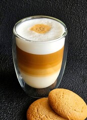 A glass of delicious latte and cookies on a black background. Delicious latte macchiato and cookies. Close-up
