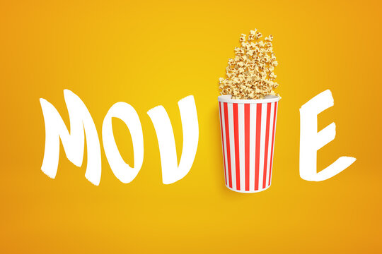 3d rendering of 'MOVIE' sign with popcorn bucket