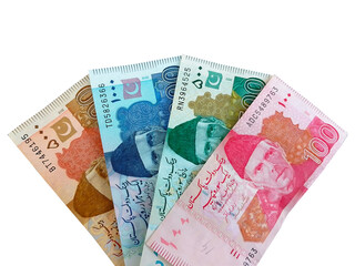 Pakistani Currency Isolated on White Background - Pakistani Rupees. 5000,1000,500,100 Rupees