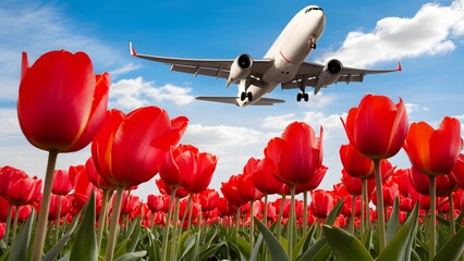 Airplane flying over blooming red tulips in Lisse, Netherlands - obrazy, fototapety, plakaty