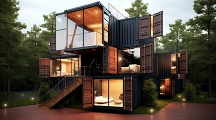 Edgy shipping container home cluster using recycled materials in innovative design.