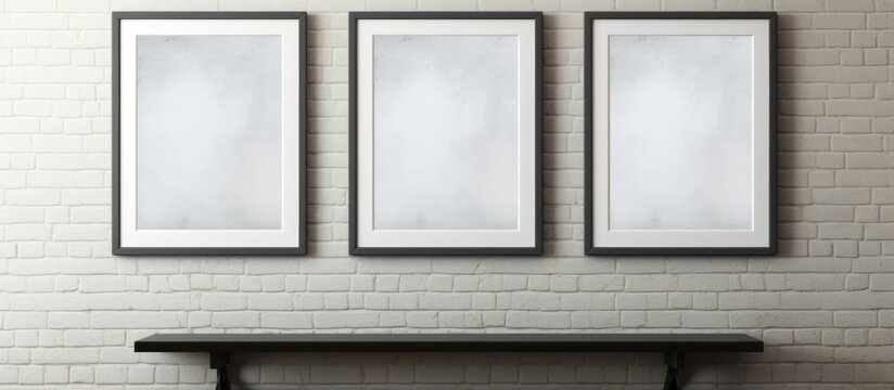 Three rectangular picture frames are symmetrically hanging on a brick wall above a wooden table. The frames have tints and shades, with glass protecting the pictures inside