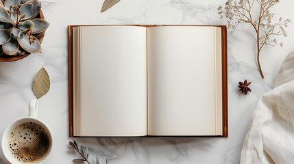Mock-up of blank pages of an open notebook with copy-space for text on a white marble background with a coffee cup, succulent, summertime stuff and coffee shop ornaments decoration. - obrazy, fototapety, plakaty