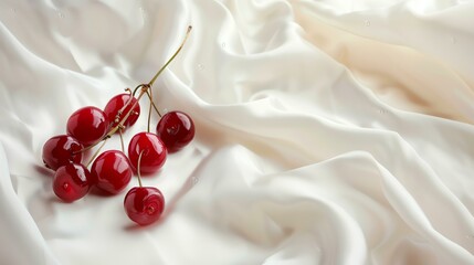 A handful of ripe red cherries with water drops on a white silk background.