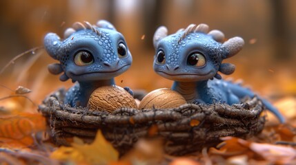 Obraz premium A few blue dragon figurines sit atop a leafy pile