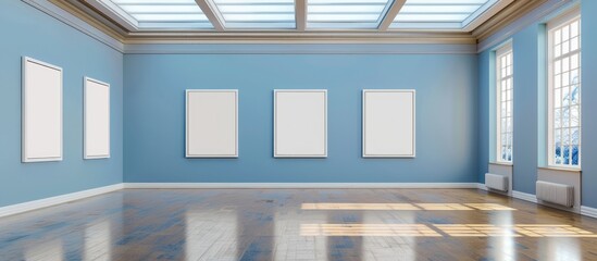 In an exhibition hall, four white vertical posters are displayed on a blue wall. The interior is vacant, with a clear front view and a background photograph. - Powered by Adobe