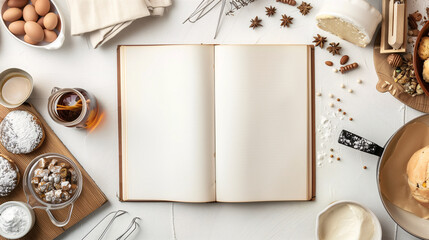 Mock-up of blank pages of an open notebook with copy-space for text on a white background with a bread, cakes, cooking and baking stuff and ingredient ornaments decoration. - obrazy, fototapety, plakaty