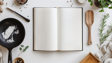 Mock-up of blank pages of an open notebook with copy-space for text on a white background with herbs, cooking and baking stuff and ingredient ornaments decoration. - obrazy, fototapety, plakaty