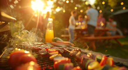 Close-up of a barbecue with a blurred background of a group of people at an outdoor celebration. Concept of summer, vacations, celebrations, outdoors.