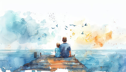A man and a child are sitting on a dock by the water - obrazy, fototapety, plakaty