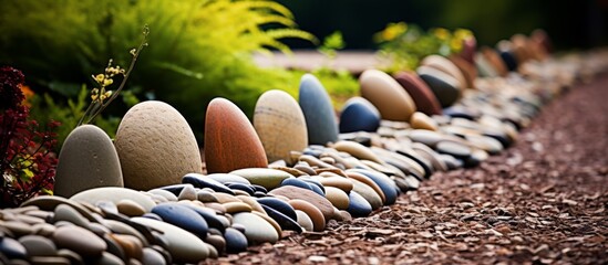 A row of rocks is placed along a dirt path in a garden, surrounded by green grass and various...