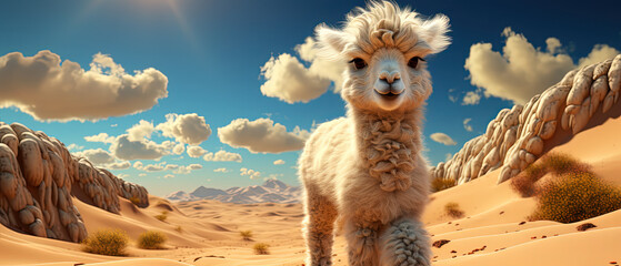 a llama standing in the desert with a mountain in the background