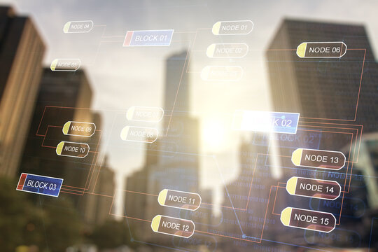 Double exposure of abstract programming language interface on modern skyscrapers background, research and development concept