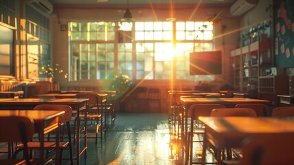 Sunlight streaming through windows in an empty vintage classroom
