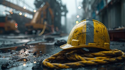 Urban backdrop highlights construction safety gear on a cobbled street