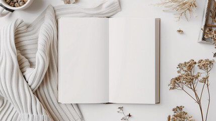 Mock-up of blank pages of an open notebook with copy-space for text on a white background with a knitted blanket, white sheet fabric and dry branches ornaments decoration in cozy atmosphere.