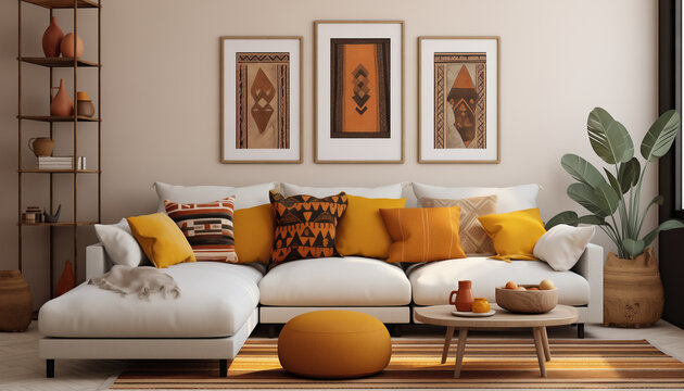Bright living room interior with sofa pillows coffee table carpet and decorative paintings on the wall in boho style