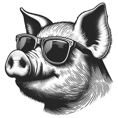 pig wearing sunglasses and a cap in detailed style sketch engraving generative ai fictional character raster illustration. Scratch board imitation. Black and white image.