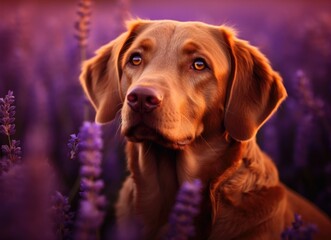 Labrador retriever contemplating in purple wildflowers